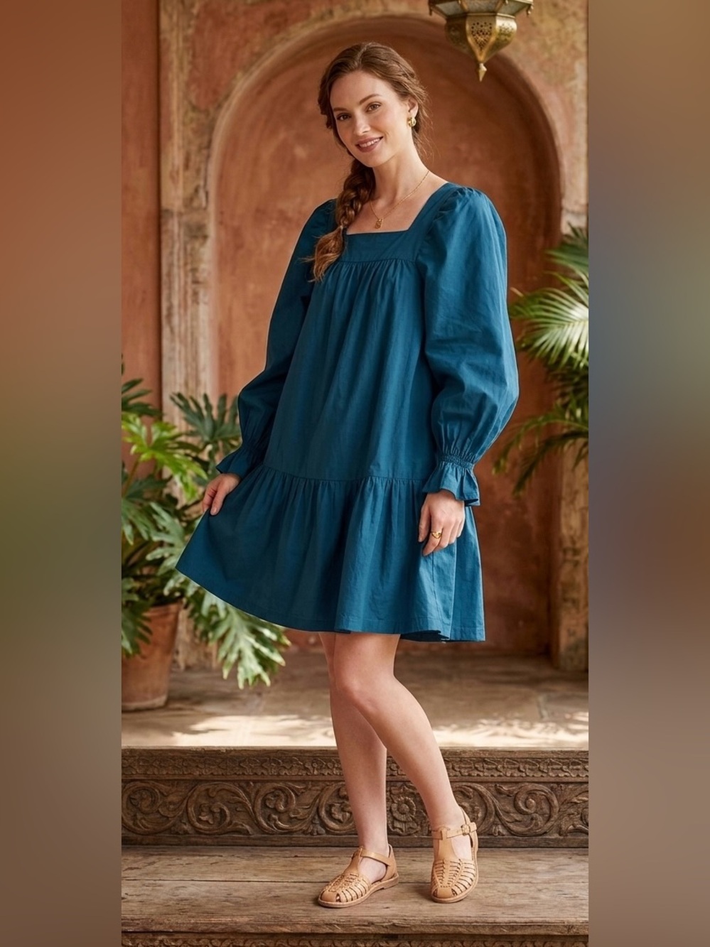 Happy x Nature Teal Cotton Puff Sleeve Square Neck Babydoll Mini Dress XS